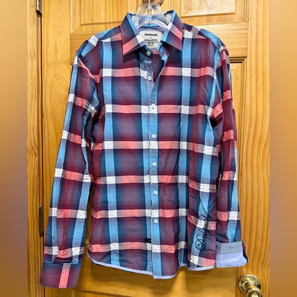 Desigual Mens Plaid Button Down Contrast Cuff Slim Fit Large